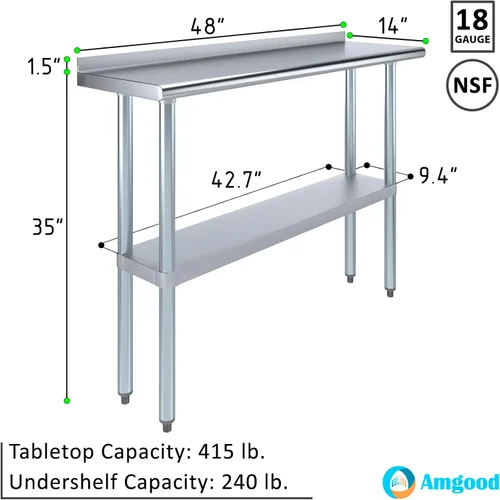 Vista 3 de AmGood Mesa de trabajo de acero inoxidable con protector contra salpicaduras de 1.5 pulgadas Mesa de preparación de alimentos de cocina de metal