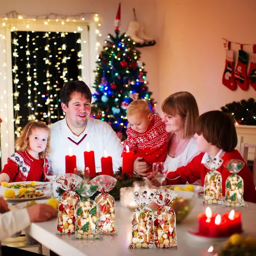 Vista 5 de Outus 100 piezas de bolsas de celofán de Navidad, bolsas de Navidad de plástico con lazos giratorios para dulces, galletas, golosinas, envoltorios