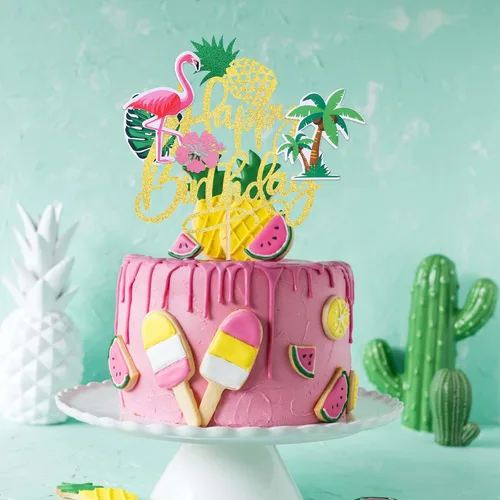 Vista 6 de 1 pieza de decoración de pastel de flamenco con purpurina para palmera, tortuga, hoja, flor, piña, flamenco, decoración para tartas tropicales
