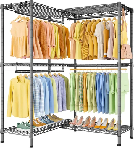Vista 12 de ULIFHOME E15 - Perchero en forma de L para esquina, perchero independiente para colgar ropa, organizador de armario resistente con 4 varillas