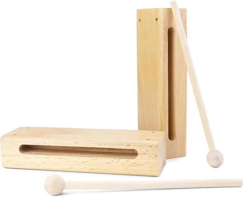 Vista 2 de QWORK Juego de instrumentos de percusión de madera, paquete de 2 bloques de sonido de madera con mazas, para conciertos, grabaciones y bandas