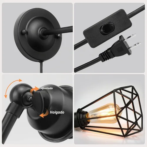 Vista 5 de WimiSom Aplique de pared enchufable, jaula de alambre, lámpara de pared industrial con cable de enchufe, accesorio rústico, interruptor