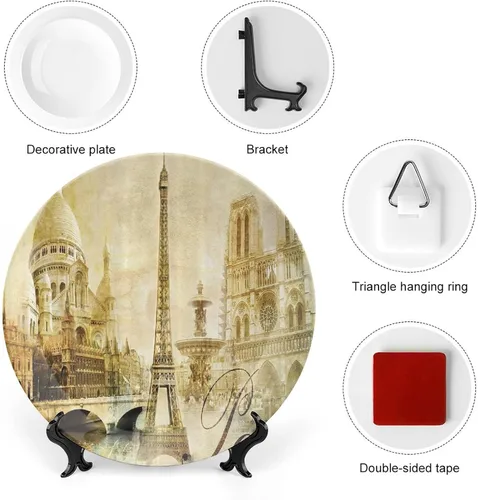 Vista 3 de Platos de cerámica, Platos de cerámica decorativos de París, paisaje antiguo, torre Eiffel Francia, lugares de interés, 6 pulgadas, para comedor