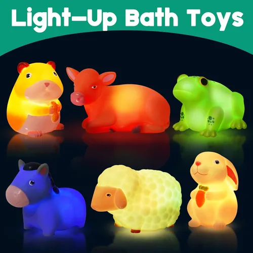 Vista 2 de Juguetes de baño para niños pequeños de 1 a 3: 6 piezas de juguetes de baño de animales de granja iluminados, juguetes de baño para bebés, juguete