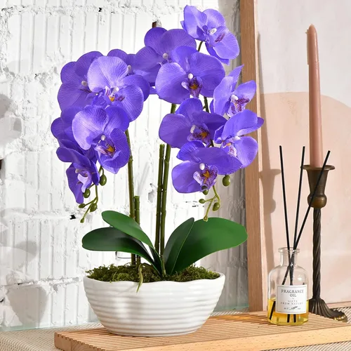 Vista 19 de Planta de orquídea artificial grande en maceta, arreglo floral de seda con jarrón de cerámica, morado oscuro