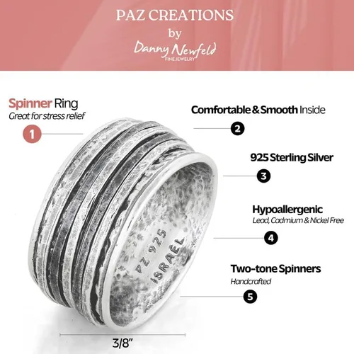 Vista 3 de Paz Creations - Anillos giratorios de plata de ley 925 para mujeres y hombres, anillo de meditación de banda gruesa con patrón martillado, joyería