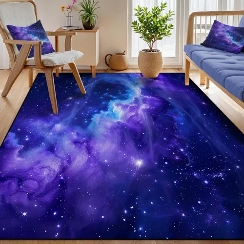 Vista 9 de Alfombra galaxia de 2 x 3 pies para habitación de niños, alfombra de cielo estrellado de pelo bajo, antideslizante, lavable, alfombra nebulosa