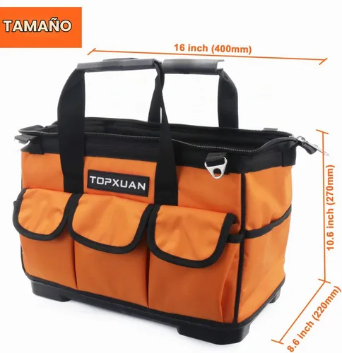 Vista 3 de Bolsa de herramientas resistente de 16 pulgadas, base de plástico moldeada, tela Oxford 900D impermeable, organizador de herramientas de boca ancha