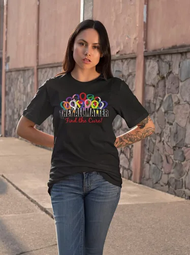 Vista 4 de Camiseta con cintas de concientización sobre el cáncer con texto en inglés They All Matter Find The Cure