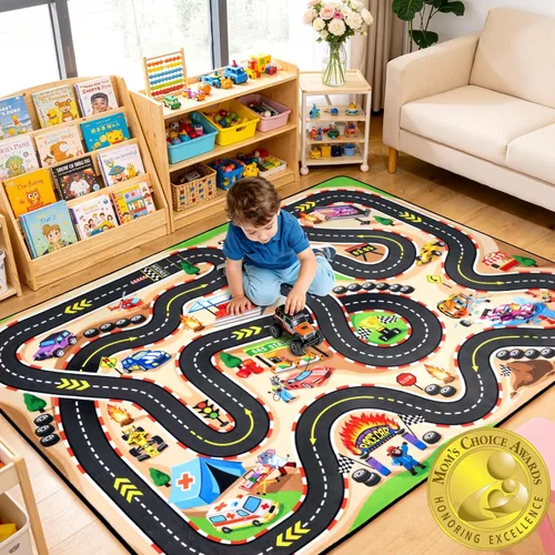 Vista 11 de Alfombra de carretera para niños de 3 x 5 pies, alfombra de juego de coche de ciudad costera para autos de juguete, alfombra educativa de mapa
