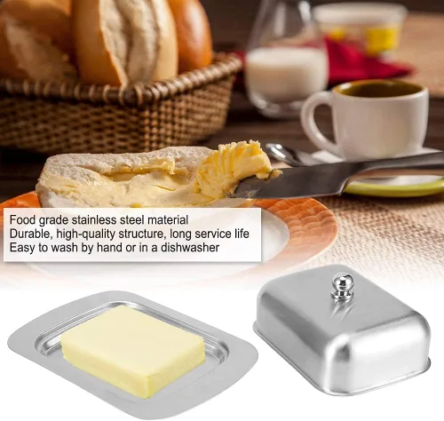 Vista 9 de Mantequillera con tapa, recipiente de mantequilla de acero inoxidable para mantequilla y queso, caja de almacenamiento de mantequilla con asa