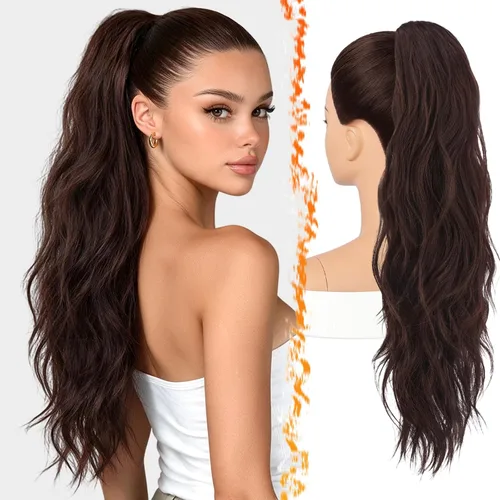 Vista 19 de BARSDAR 25 Inch Synthetic Dual Claw Clip Auburn Brown Loose Wavy Ponytail