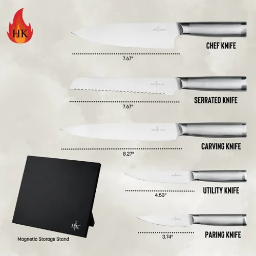 Vista 2 de Hell's Kitchen - Juego de cuchillos de acero inoxidable de 6 piezas con tablero de almacenamiento magnético, cuchillos aptos para lavavajillas