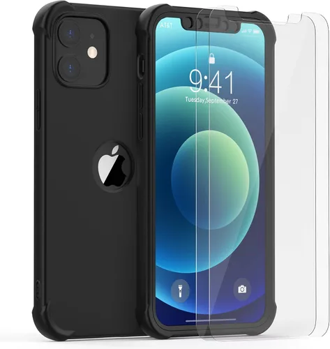 Vista 2 de ORETECH Funda para iPhone 12 con 2 piezas de protector de pantalla de vidrio templado, 2 en 1, TPU suave antiarañazos, parte trasera de Negro