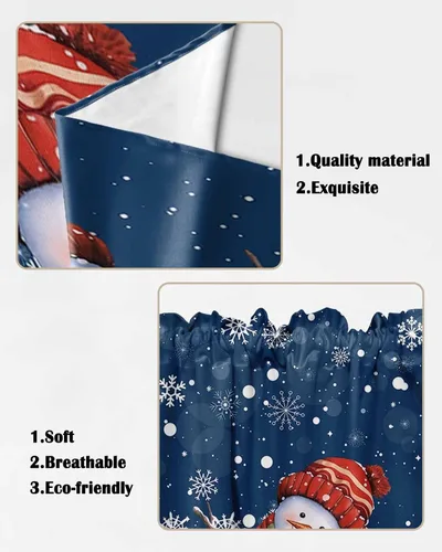 Vista 5 de BEMIGO Cortinas de cocina de Navidad, lindas cortinas de granja con muñeco de nieve azul, cenefa con bolsillo para barra de copos de nieve