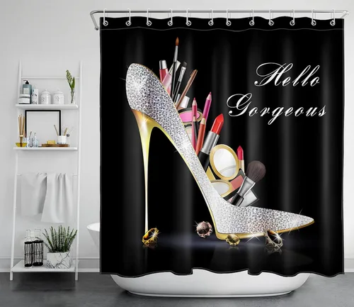 Vista 2 de EOBTAIN Cortina de ducha de tacón alto con diamantes de maquillaje Hello Gorgeous Lipstick Bling Fashion Shoes Sexy Girls Fancy Beautiful Lady