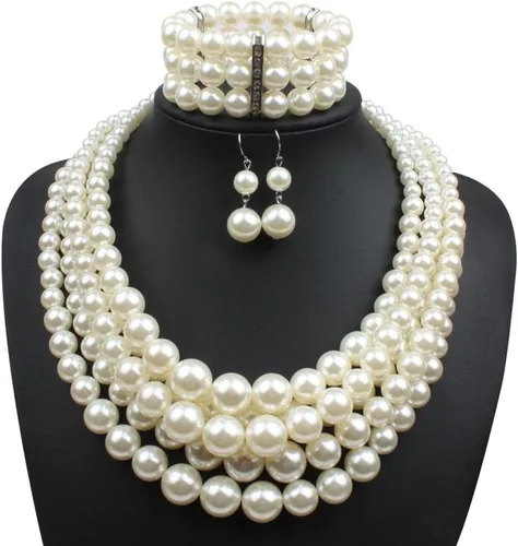 Vista 3 de Collar multicapa de perlas de imitación exageradas+pulsera+arete Collar de perlas grande Conjunto de joyas de boda para mujeres y niñas