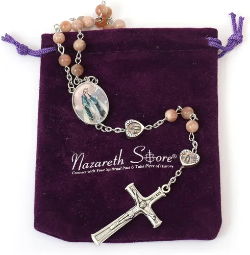 Vista 6 de Nazareth Store Cuentas de piedra natural con corazón de epoxi milagroso, cuentas de metal, collar de rosario, regalos cristianos de piedras preciosas