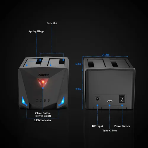 Vista 9 de FIDECO Estación de acoplamiento USB 3.2 Gen 1 a disco duro, base de disco duro para 2.5 o 3.5 pulgadas SATA I/II/III HDD SSD con duplicador de disco