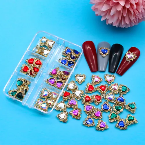 Vista 2 de 30 dijes de uñas de corazón y cristales para uñas, dijes de corazón para uñas, verde, azul, rojo, diamantes de imitación de corazón, cristales
