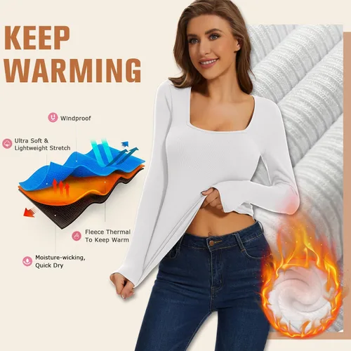 Vista 2 de WOWENY Camisa térmica de manga larga para mujer, con forro polar, ajustada, básica, cuello cuadrado, capa base de invierno