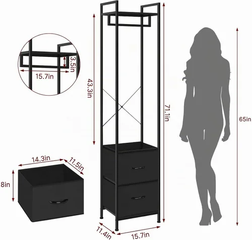Vista 2 de Perchero resistente con 2 cajones de tela y estantes de almacenamiento Soporte de tela independiente de 3 niveles para dormitorio, entrada, sala