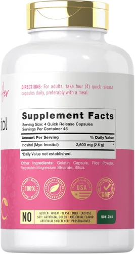 Vista 2 de Carlyle Myo-Inositol Suplemento para mujer 2600 mg 180 cápsulas Soporte extra fuerte para ella Sin OMG, sin gluten