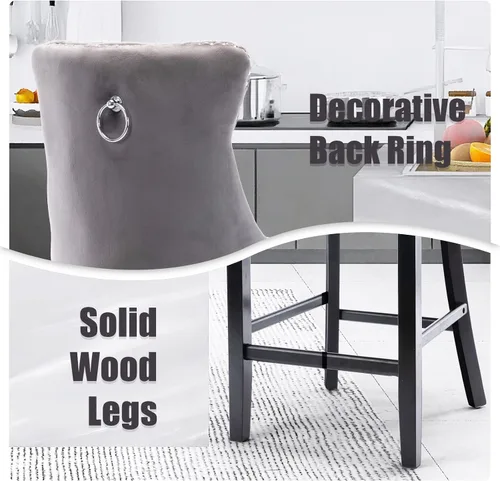 Vista 238 de SoarFlash Juego de 2 taburetes de bar tapizados de terciopelo moderno con patas de madera, botones acolchados, cabeza de clavo cromada, asiento