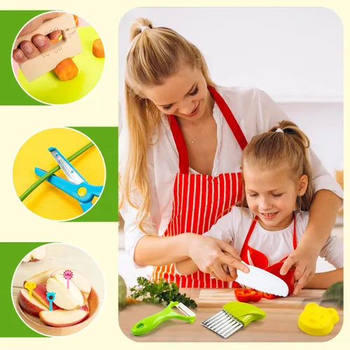 Vista 6 de Labeol Juego de 32 herramientas de cocina Montessori para niños pequeños, juegos de cocina seguros para niños y niñas, juego de cuchillos de cocina
