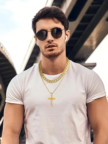 Vista 2 de U7 Colgante de cruz de crucifijo para hombre con cadena de bautismo, joyería cristiana, acero inoxidable, oro de 18 quilates, collar antiguo