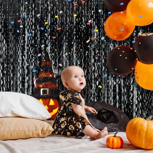 Vista 5 de Telón de fondo negro para decoraciones de fiesta, cortina de flecos de papel de aluminio ondulado, telón de fondo de fotos, cortina de oropel