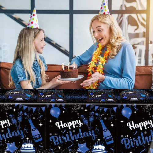 Vista 7 de Juego de 41 piezas de vajilla de decoración de fiesta de cumpleaños azul marino y negro, incluye platos, servilletas, mantel para hombres y mujeres