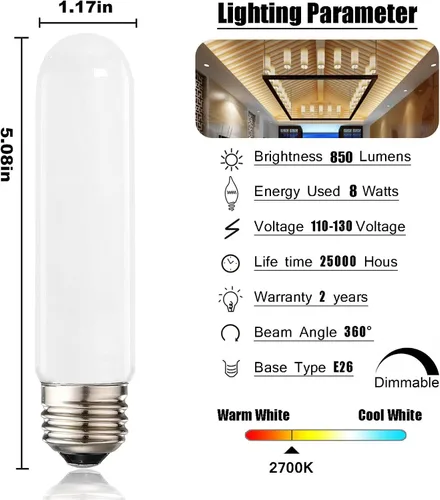 Vista 2 de XININSUN Bombilla LED T10 esmerilada, bombillas LED esmeriladas T10 regulables, bombillas de tubo LED de 8 W, equivalente a 60-75 vatios, 2700 K