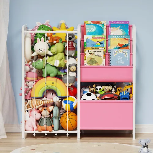 Vista 8 de Estantería para niños y almacenamiento de juguetes, estante de libros para niños de 3 niveles para habitaciones infantiles con almacenamiento