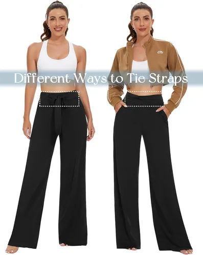 Vista 7 de Tapata Pantalones de yoga de pierna ancha con bolsillos de cintura alta, pantalones a medida, ajustables, con nudo de corbata, pantalones sueltos