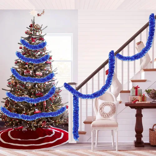 Vista 4 de Guirnalda de oropel azul metálica de 33 pies para árbol de Navidad, guirnalda brillante con torsión para decoraciones de árbol de Navidad, guirnalda