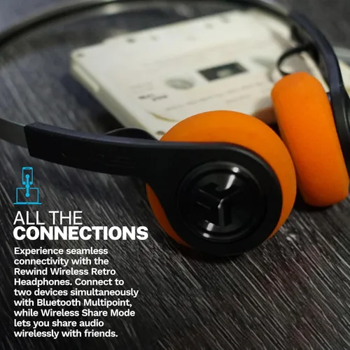 Vista 8 de JLab, Rewind 2, auriculares inalámbricos retro en la oreja, Bluetooth multipunto, EQ3, Google Fast Pair, Be Aware, Wireless Sharing, negro