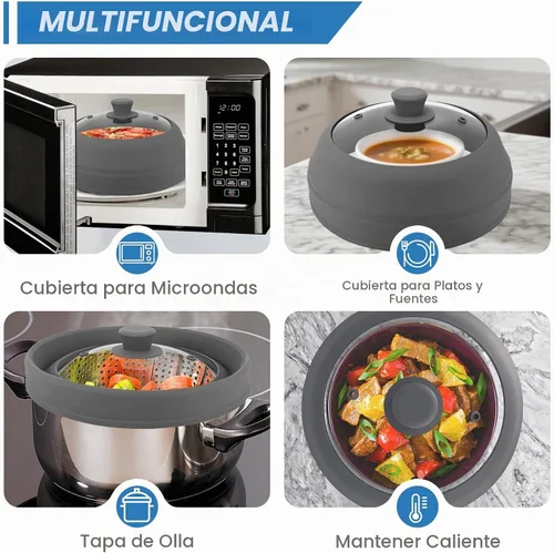 Vista 5 de Cubierta de vidrio para microondas para alimentos, cubierta plegable de silicona para salpicaduras de microondas de 10.5 pulgadas, cubierta