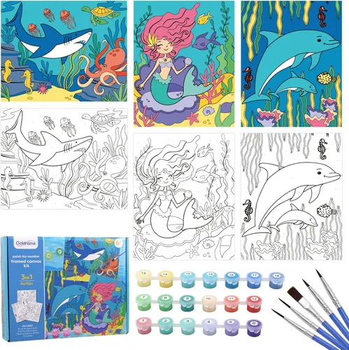 Vista 7 de goldentime Paquete de 3 Kits de Pintura por Números para Niños, Pintura en Lienzo Predibujado, Incluye Lienzo Enmarcado de 8 x 10 Pulgadas con 18