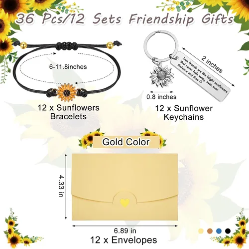 Vista 3 de Highergo 12 juegos de regalos de amistad incluyen 12 pulseras de girasol, 12 llaveros de girasol, 12 sobres, joyería inspiradora de agradecimiento