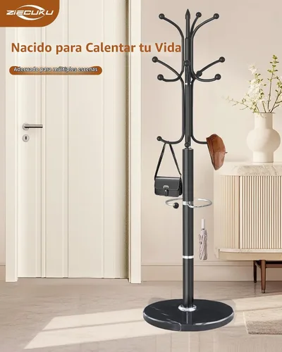 Vista 9 de Perchero de metal con base de mármol natural, soporte de perchero con 12 ganchos y soporte para paraguas, percheros modernos negros independientes