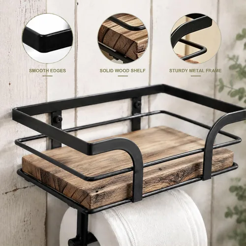 Vista 2 de Soporte de papel higiénico rústico de granja con estante – Decoración rústica de baño de granja – Accesorios de baño rústicos con estante de madera