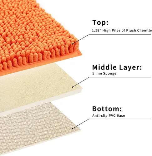Vista 4 de Alfombra de baño de felpilla, extra suave y absorbente, alfombra de baño lanuda antideslizante, lavable a máquina, 20 x 32 pulgadas, color naranja