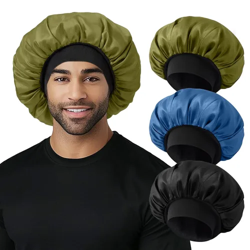 Vista 11 de Gorro para hombre, gorro de doble capa para dormir, gorro de dormir ajustable con banda elástica, gorros de satén de seda para trenzas de cabello