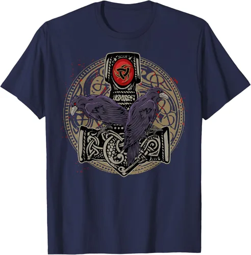 Vista 58 de Thors Hammer Mjolnir Huginn and Muninn Odin Raven - Camiseta, Negro, S