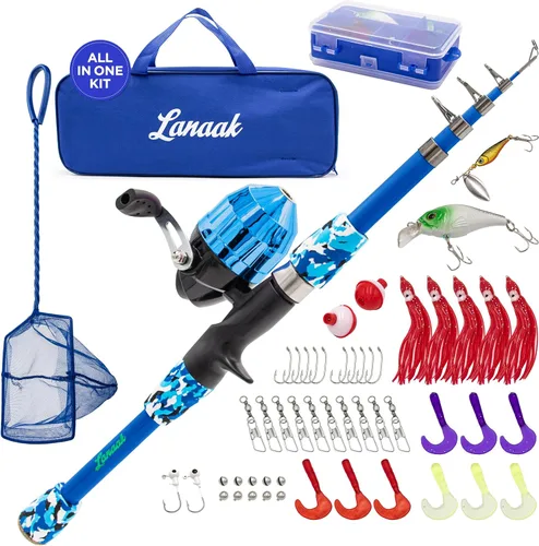 Vista 13 de Lanaak Caña de Pescar para Niños, Juego de Caña de Pescar Telescópica Portátil para Niños, Kit Combo de Caja de Aparejos y Red de Pesca, Equipo