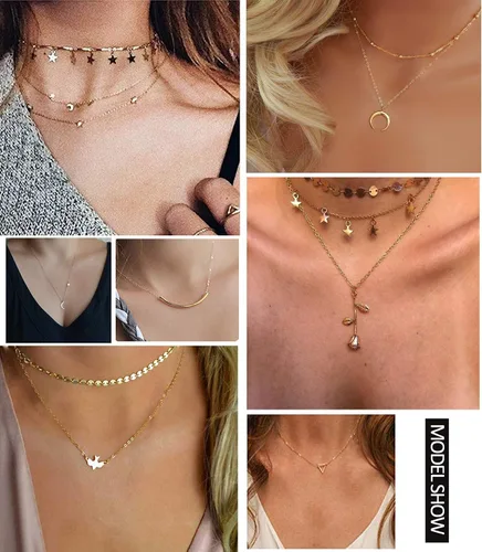 Vista 2 de Honsny 20 collares de gargantilla en capas para mujer colgante de barra de monedas de oro y plata collar multicapa lindo collar de perlas de luna