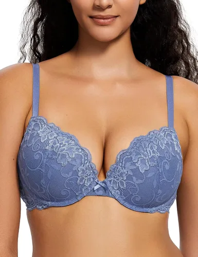 Vista 26 de Deyllo - Brasier de encaje para mujer con efecto de realce de busto, cómodo, con relleno, aros, levanta y añade una copa a tu busto Ámbar dorado