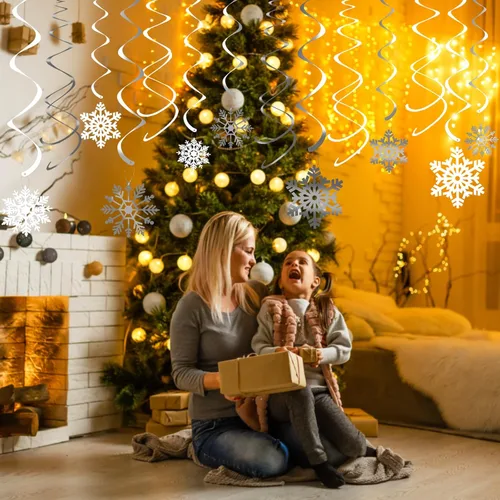 Vista 5 de Decoración de remolino colgante de copo de nieve de Navidad de 42 quilates, serpentinas de plástico para decoración colgante de techo, guirnalda