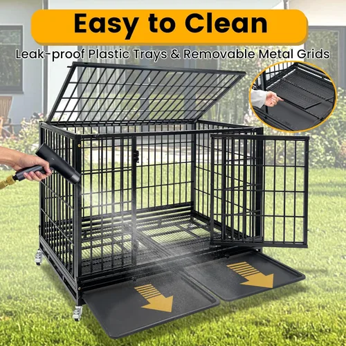 Vista 8 de Jaula apilable de 47 pulgadas para perros grandes de alta ansiedad, jaula indestructible a prueba de escapes para interiores con doble puerta